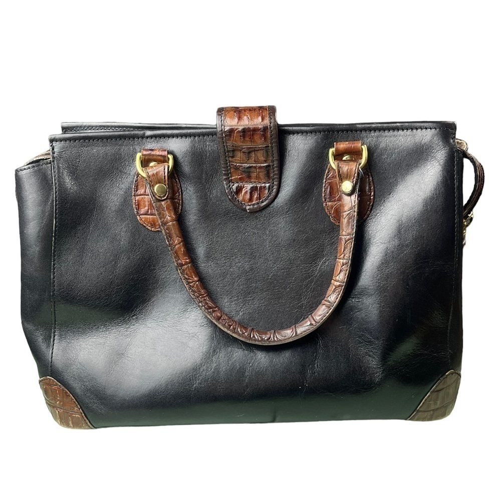 Brahmin Black Leather Tote Bag Brown Croc Embossed Handle Satchel Gold Hardware - Picture 6 of 14